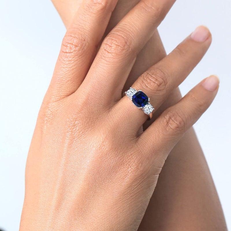 Gem Stone King 4.00 Ct Blue Simulated Sapphire Engagement Ring For Women | 925 Sterling Silver | Gemstone Birthstone | Cushion 8MM and Round 5MM | 3 Stone Wedding Anniversary Promise Ring (Size 8) - Image 5